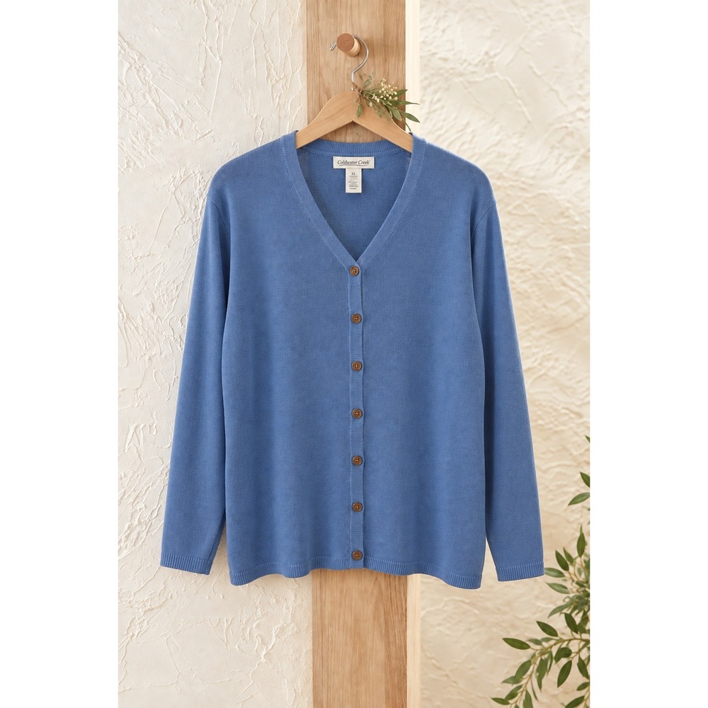 Coldwater Creek Silk Cotton V-Neck Cardigan Sweater Blue XL